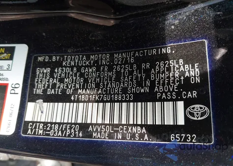 2016 Toyota Camry Hybrid Le from USA, damaged, VIN 4T1BD1FK7GU188333